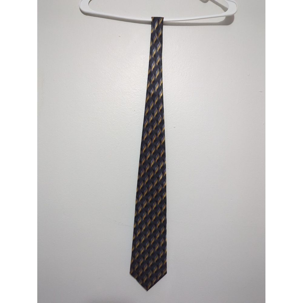 Geoffrey‎ Beene Mens Silk Necktie Black Gold Silver Geometric Wave Pattern Tie